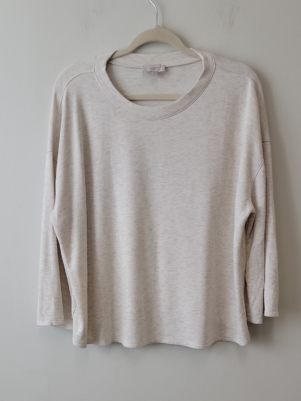 LOFT Boxy Crop Light Cream Heathered Long Sleeve Top
